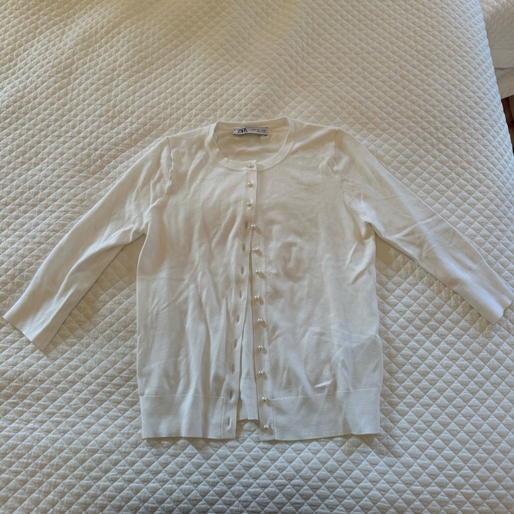 Zara White Pearl Button-Up Sweater